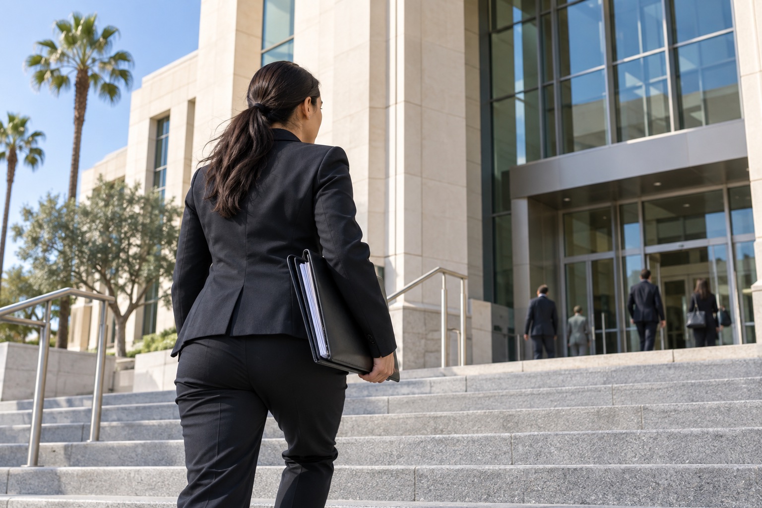 Representative field professional approaching a courthouse with a document folio