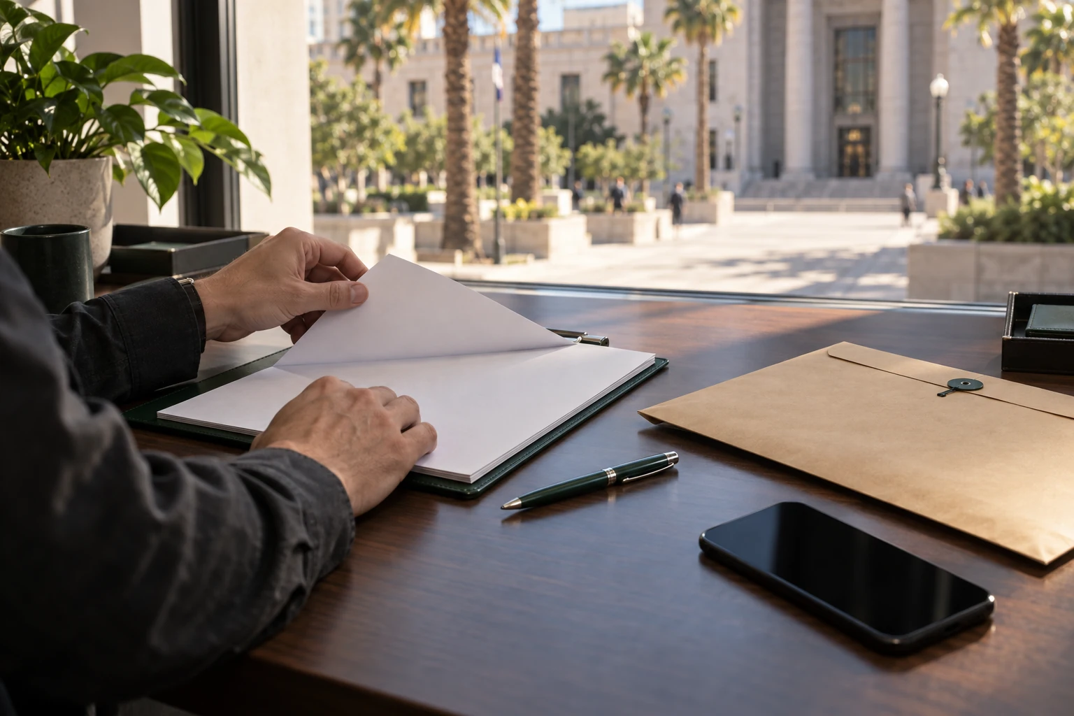 Hands organizing a blank service log, document envelope and case folio at a desk