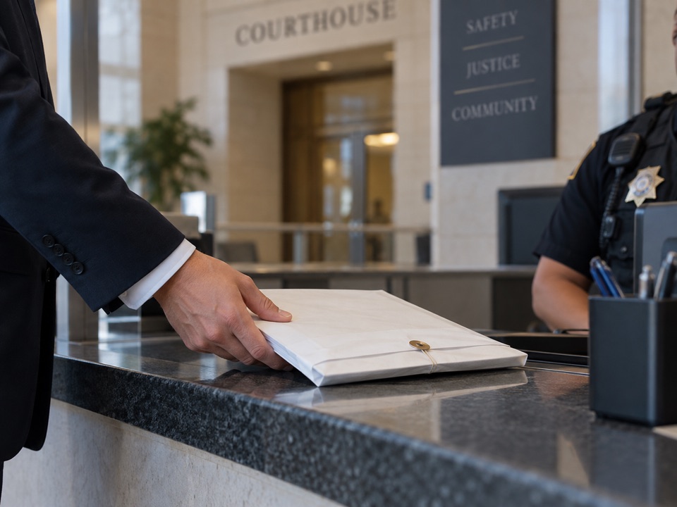 Sealed restraining-order packet delivered in a professional setting